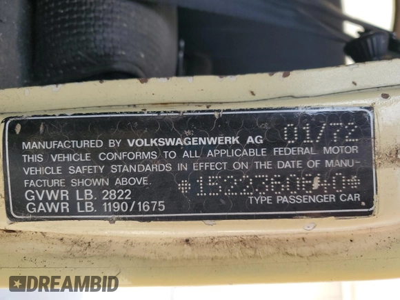 1972 Volkswagen Beetle with VIN 1522360640, listed as a Copart auction lot 50975555 with Not Provided miles and Salvage Title. Bid and sale history available at DreamBid. Image 12.