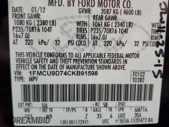 2012 Ford Escape XLT z VIN 1FMCU9D74CKB91598, wystawiony jako Copart lot #51667805 z przebiegiem 182 152 mil mil oraz Szkoda całkowita • Salvage title. Historia ofert i sprzedaży dostępna na DreamBid. Obrazek 15.