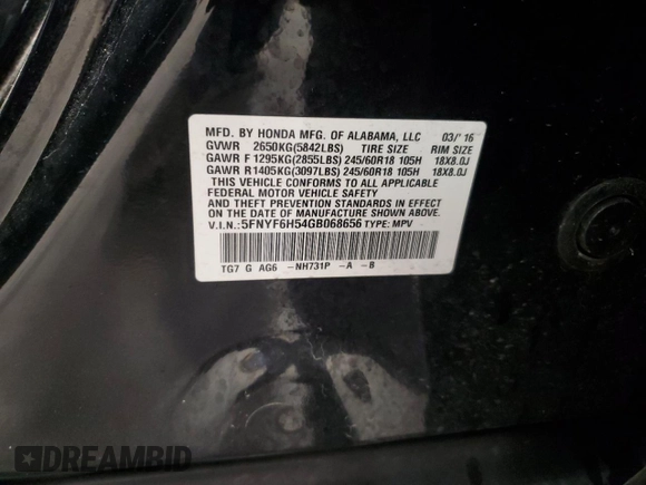 2016 Honda Pilot EX-L with VIN 5FNYF6H54GB068656, listed as a Copart auction lot 57773195 with 93,711 mi miles and Non repairable. Bid and sale history available at DreamBid. Image 13.