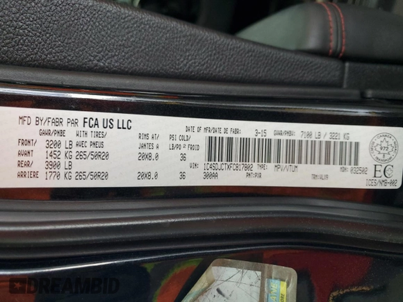 2015 Dodge Durango R/T with VIN 1C4SDJCTXFC817802, listed as a Copart auction lot 61962865 with 146,826 mi miles and Salvage title. Bid and sale history available at DreamBid. Image 14.
