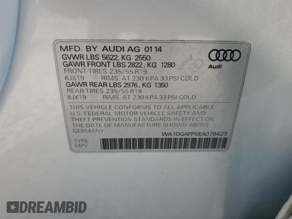 2014 Audi Q5 Premium Plus with VIN WA1DGAFP5EA078423, listed as a Copart auction lot 59508495 with 90,617 mi miles and Salvage title. Bid and sale history available at DreamBid. Image 13.