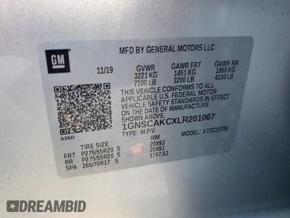 2020 Chevrolet Tahoe LS with VIN 1GNSCAKCXLR201067, listed as a Copart auction lot 78907264 with 122,630 mi miles and Salvage title. Bid and sale history available at DreamBid. Image 13.
