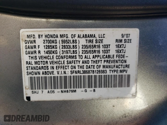 2007 Honda Odyssey EX-L with VIN 5FNRL38687B126983, listed as a Copart auction lot 54770405 with 167,789 mi miles and Clean Title. Bid and sale history available at carsss.com. Image 13.