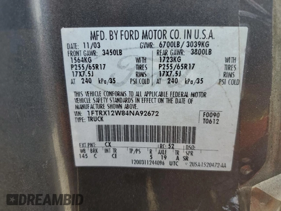2004 Ford F-150 STX with VIN 1FTRX12W84NA92672, listed as a Copart auction lot 54778555 with 217,065 mi miles and Clean Title. Bid and sale history available at carsss.com. Image 12.
