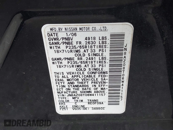 2006 Nissan Murano SL z VIN JN8AZ08T06W411157, wystawiony jako IAAI lot #41957424 z przebiegiem 121 902 mil mil oraz . Historia ofert i sprzedaży dostępna na DreamBid. Obrazek 9.