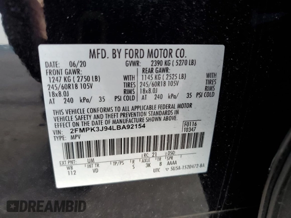 2020 Ford Edge SEL с VIN 2FMPK3J94LBA92154, выставлен на аукционе Copart как лот 65060385 с пробегом 150 187 миль миль и Чистый • Clean title. История ставок и продаж доступна на DreamBid. Изображение 13.