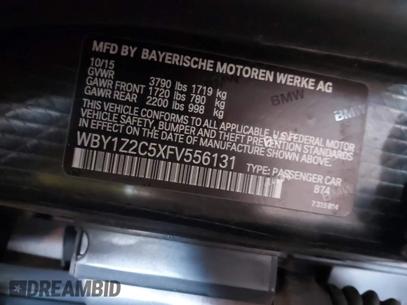 2015 BMW i3 z VIN WBY1Z2C5XFV556131, wystawiony jako IAAI lot #42050070 z przebiegiem 60 889 mil mil oraz . Historia ofert i sprzedaży dostępna na DreamBid. Obrazek 9.