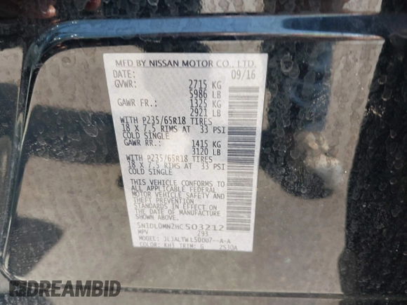 2017 Infiniti QX60 with VIN 5N1DL0MN2HC503212, listed as a IAAI auction lot 41993053 with 166,548 mi miles and . Bid and sale history available at DreamBid. Image 9.
