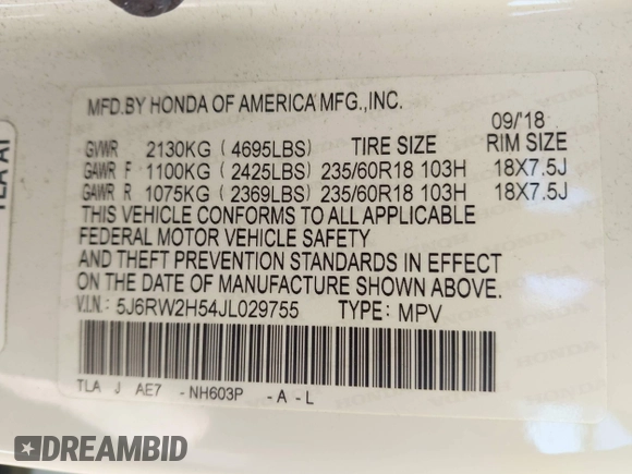 2018 Honda CR-V EX with VIN 5J6RW2H54JL029755, listed as a IAAI auction lot 42049052 with 94,458 mi miles. Bid and sale history available at carsss.com. Image 9.