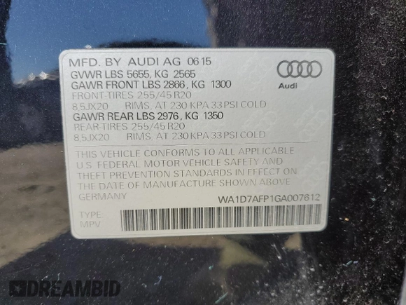 2016 Audi Q5 Premium Plus с VIN WA1D7AFP1GA007612, выставлен на аукционе Copart как лот 57958625 с пробегом 55 465 миль миль и Списание • Salvage title. История ставок и продаж доступна на DreamBid. Изображение 14.