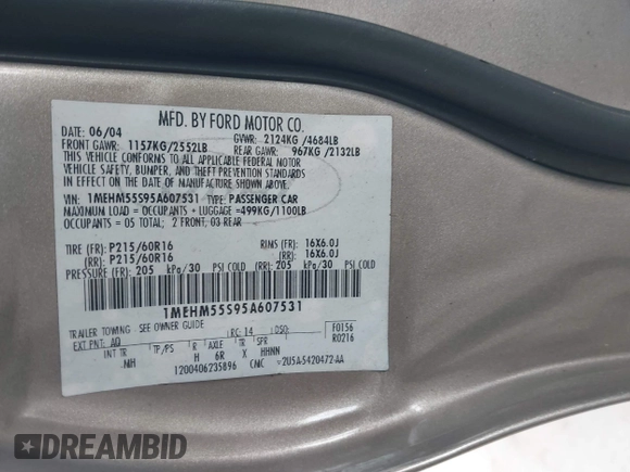 2005 Mercury Sable LS with VIN 1MEHM55S95A607531, listed as a IAAI auction lot 42795866 with 95,136 mi miles and . Bid and sale history available at DreamBid. Image 9.