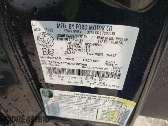 2013 Ford F-150 XL с VIN 1FTFW1ET4DKD67088, выставлен на аукционе IAAI как лот 42384597 с пробегом 167 654 миль миль и . История ставок и продаж доступна на DreamBid. Изображение 9.