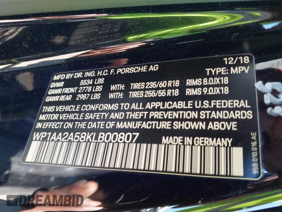 2019 Porsche Macan z VIN WP1AA2A58KLB00807, wystawiony jako IAAI lot #41893729 z przebiegiem 73 808 mil mil oraz . Historia ofert i sprzedaży dostępna na DreamBid. Obrazek 9.