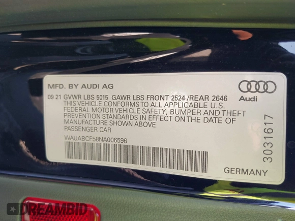 2022 Audi A5 Sportback Premium with VIN WAUABCF58NA006596, listed as a IAAI auction lot 41671152 with 89,697 mi miles. Bid and sale history available at carsss.com. Image 9.