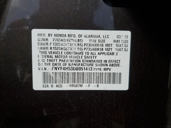 2013 Honda Pilot EX-L with VIN 5FNYF4H53DB051413, listed as a Copart auction lot 53381275 with 237,572 mi miles and Salvage Title. Bid and sale history available at carsss.com. Image 15.