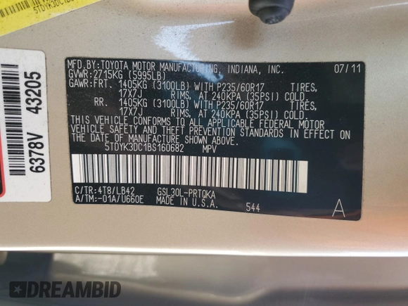 2011 Toyota Sienna XLE AAS with VIN 5TDYK3DC1BS160682, listed as a Copart auction lot 53193325 with 236,653 mi miles and Clean Title. Bid and sale history available at carsss.com. Image 13.
