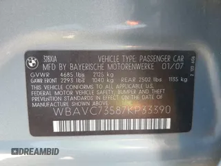 2007 BMW 3 Series 328xi z VIN WBAVC73587KP33390, wystawiony jako IAAI lot #42465688 z przebiegiem 144 423 mil mil oraz . Historia ofert i sprzedaży dostępna na DreamBid. Obrazek 9.