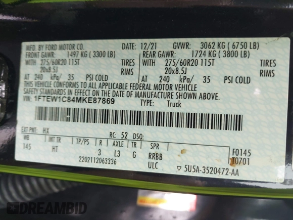 2021 Ford F-150 XL с VIN 1FTEW1C84MKE87869, выставлен на аукционе IAAI как лот 42476460 с пробегом 83 433 миль миль и . История ставок и продаж доступна на DreamBid. Изображение 9.