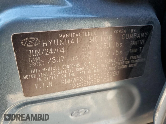 2005 Hyundai Sonata GLS with VIN KMHWF35H45A106280, listed as a Copart auction lot 76607674 with 191,576 mi miles and Salvage Title. Bid and sale history available at carsss.com. Image 12.