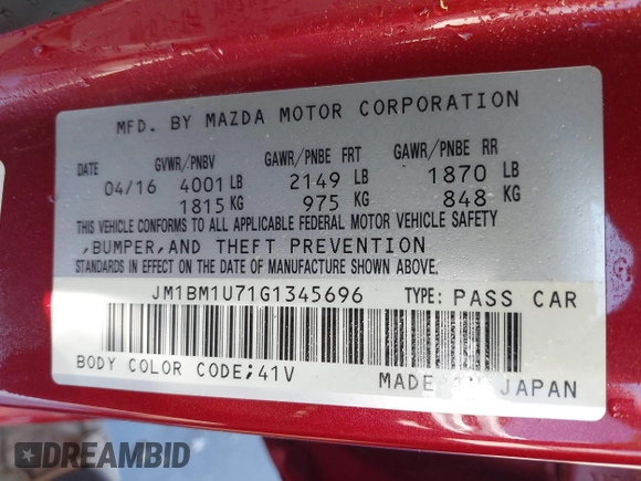 2016 Mazda Mazda3 i Sport with VIN JM1BM1U71G1345696, listed as a IAAI auction lot 41845701 with 141,646 mi miles. Bid and sale history available at carsss.com. Image 9.
