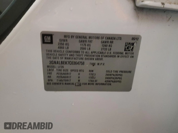2012 Chevrolet Equinox LS with VIN 2GNALBEK7C6364758, listed as a Copart auction lot 48523285 with 176,237 mi miles and Salvage Title. Bid and sale history available at DreamBid. Image 16.