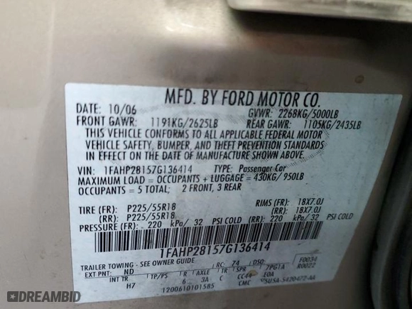 2007 Ford Five Hundred Limited with VIN 1FAHP28157G136414, listed as a Copart auction lot 74511614 with 120,133 mi miles and Salvage Title. Bid and sale history available at carsss.com. Image 14.
