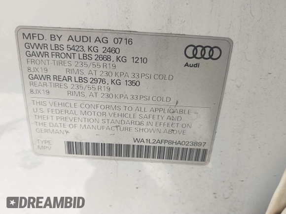 2017 Audi Q5 Premium Plus z VIN WA1L2AFP8HA023897, wystawiony jako IAAI lot #41731587 z przebiegiem 128 119 mil mil oraz . Historia ofert i sprzedaży dostępna na DreamBid. Obrazek 9.