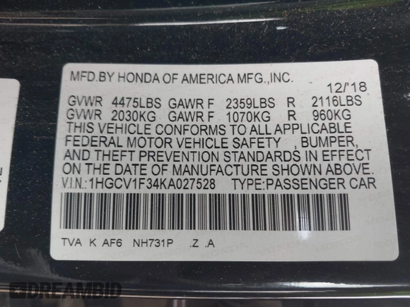 2019 Honda Accord Sport with VIN 1HGCV1F34KA027528, listed as a IAAI auction lot 42146346 with 51,221 mi miles and . Bid and sale history available at DreamBid. Image 9.