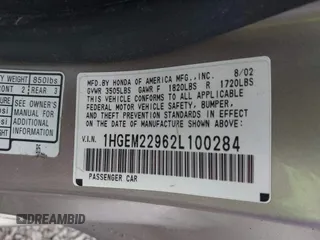 2002 Honda Civic EX with VIN 1HGEM22962L100284, listed as a IAAI auction lot 42094951 with 180,505 mi miles. Bid and sale history available at carsss.com. Image 9.
