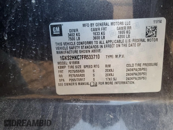 2015 GMC Yukon XL SLT with VIN 1GKS2HKC7FR533710, listed as a Copart auction lot 48336335 with 183,731 mi miles and Clean Title. Bid and sale history available at carsss.com. Image 15.