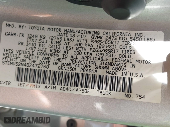 2008 Toyota Tacoma with VIN 5TEMU52N48Z472760, listed as a IAAI auction lot 42374706 with 177,628 mi miles and . Bid and sale history available at DreamBid. Image 9.