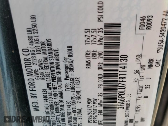 2015 Ford Fusion SE Hybrid with VIN 3FA6P0LU7FR114130, listed as a Copart auction lot 52806105 with 119,542 mi miles and Salvage Title. Bid and sale history available at DreamBid. Image 12.