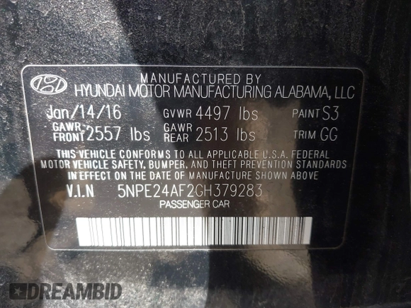 2016 Hyundai Sonata 2.4L with VIN 5NPE24AF2GH379283, listed as a IAAI auction lot 42107518 with 263,990 mi miles and . Bid and sale history available at carsss.com. Image 9.