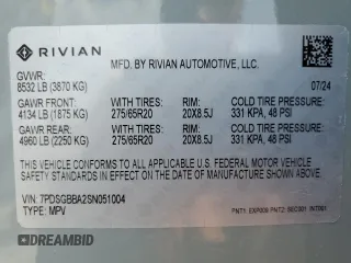 2025 Rivian R1S Adventure z VIN 7PDSGBBA2SN051004, wystawiony jako Copart lot #58999005 z przebiegiem 786 mil mil oraz Szkoda całkowita • Salvage title. Historia ofert i sprzedaży dostępna na DreamBid. Obrazek 14.