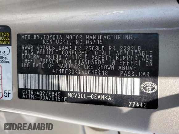 2005 Toyota Camry LE with VIN 4T1BF30K45U616418, listed as a Copart auction lot 54690555 with 127,898 mi miles and Salvage Title. Bid and sale history available at DreamBid. Image 12.