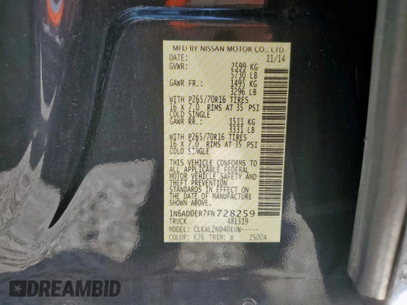 2015 Nissan Frontier SV with VIN 1N6AD0ER7FN728259, listed as a Copart auction lot 65002615 with 133,174 mi miles and Salvage title. Bid and sale history available at DreamBid. Image 12.