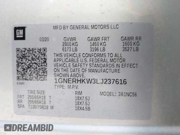 2020 Chevrolet Traverse LT with VIN 1GNERHKW3LJ237616, listed as a IAAI auction lot 42272845 with 87,104 mi miles and . Bid and sale history available at DreamBid. Image 9.