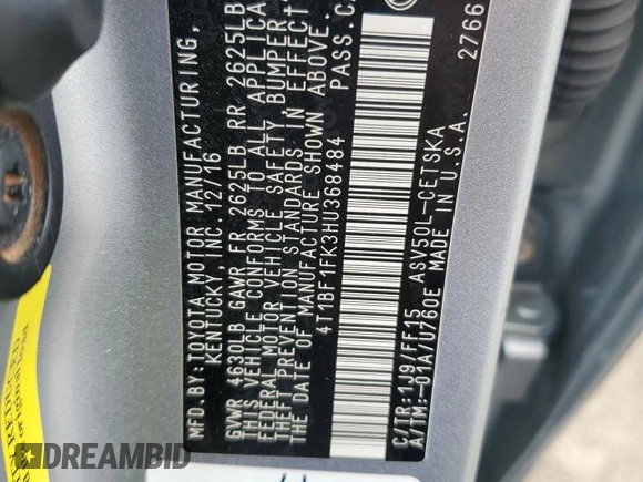 2017 Toyota Camry XLE with VIN 4T1BF1FK3HU368484, listed as a Copart auction lot 53148465 with 181,429 mi miles and Clean Title. Bid and sale history available at carsss.com. Image 12.