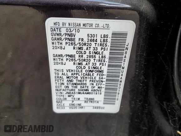 2010 Infiniti FX35 with VIN JN8AS1MU4AM801918, listed as a Copart auction lot 78848484 with 183,846 mi miles and Salvage Title. Bid and sale history available at carsss.com. Image 13.