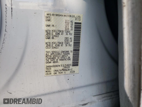 2015 Nissan Titan SV with VIN 1N6BA0ED6FN512405, listed as a Copart auction lot 51655285 with Not provided miles and Clean title. Bid and sale history available at DreamBid. Image 14.