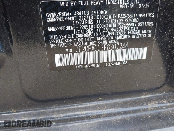 2015 Subaru Crosstrek Premium with VIN JF2GPACC3F8307244, listed as a IAAI auction lot 42211652 with 157,494 mi miles and . Bid and sale history available at DreamBid. Image 9.