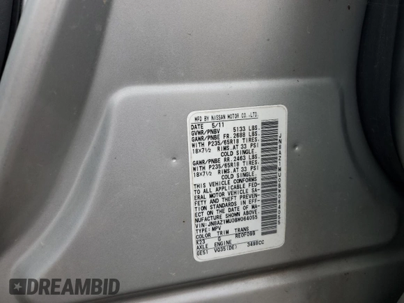 2011 Nissan Murano LE with VIN JN8AZ1MU0BW064055, listed as a Copart auction lot 54583325 with 200,983 mi miles and Salvage Title. Bid and sale history available at DreamBid. Image 14.
