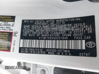 2016 Toyota Camry XLE with VIN 4T1BF1FKXGU227846, listed as a IAAI auction lot 41842937 with 58,146 mi miles. Bid and sale history available at carsss.com. Image 9.
