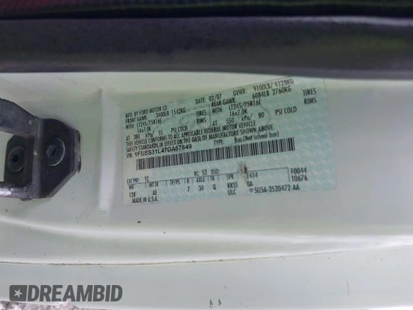 2007 Ford Econoline Passenger XL с VIN 1FBSS31L47DA67849, выставлен на аукционе IAAI как лот 41954255 с пробегом 110 341 миль миль и . История ставок и продаж доступна на DreamBid. Изображение 9.
