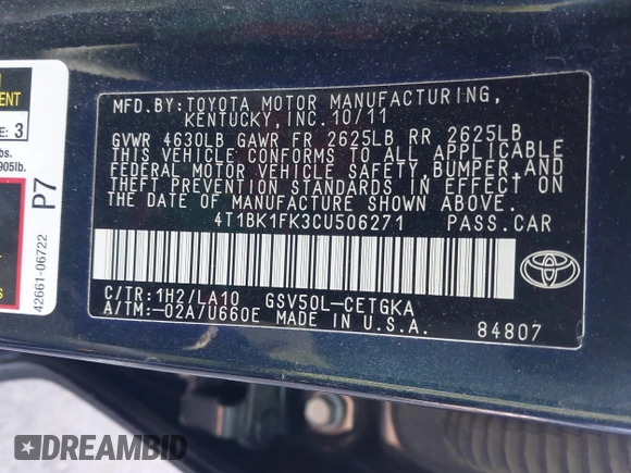 2012 Toyota Camry SE with VIN 4T1BK1FK3CU506271, listed as a IAAI auction lot 41451077 with 151,120 mi miles. Bid and sale history available at carsss.com. Image 9.