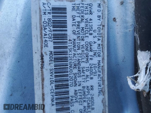 1992 Toyota Camry LE with VIN 4T1SK12E6NU012070, listed as a Copart auction lot 42172845 with 0 mi miles and Salvage Title. Bid and sale history available at carsss.com. Image 12.
