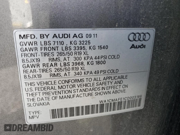 2012 Audi Q7 3.0L TDI Premium with VIN WA1CMAFE1CD003166, listed as a Copart auction lot 51497935 with 136,459 mi miles and Clean Title. Bid and sale history available at carsss.com. Image 13.