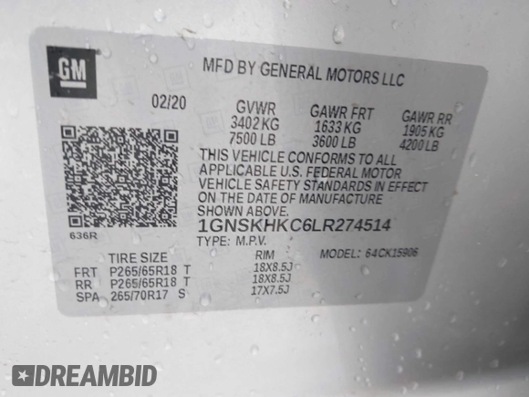 2020 Chevrolet Suburban LT with VIN 1GNSKHKC6LR274514, listed as a IAAI auction lot 42594553 with 38,291 mi miles and . Bid and sale history available at DreamBid. Image 9.
