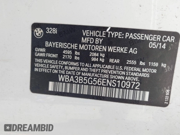 2014 BMW 3 Series 328i xDrive z VIN WBA3B5G56ENS10972, wystawiony jako IAAI lot #42704972 z przebiegiem 138 309 mil mil oraz . Historia ofert i sprzedaży dostępna na DreamBid. Obrazek 9.