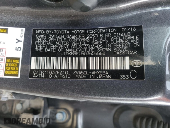 2016 Toyota Prius Two with VIN JTDKBRFU5G3505588, listed as a Copart auction lot 52018155 with 108,538 mi miles and Salvage Title. Bid and sale history available at DreamBid. Image 12.